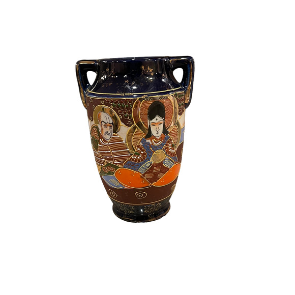 Vintage Japanese Hand Painted Moriage Vase 7" Tall Blue Brown With Handles - Picture 6 of 8